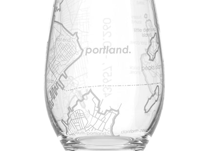 Well Told Engraved Portland Maine Map Stemless Wine Glass, Etched Glass (15 oz, Clear) City Custom Gifts for Lovers