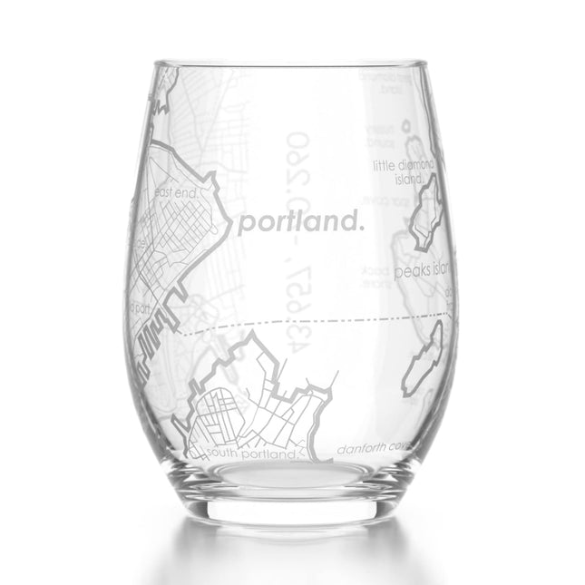 Well Told Engraved Portland Maine Map Stemless Wine Glass, Etched Glass (15 oz, Clear) City Custom Gifts for Lovers