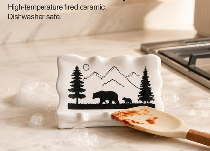 Ceramic Spoon Rest Large Stove Top Utensil Holder Bear Forest Art