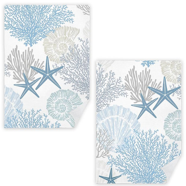 JINYO Beach Kitchen Towels Set of 2, Blue Seashell Coral Starfish Coastal Beach Ocean Hand Towels for Bathroom Kitchen Decor, Summer Nautical Decorative Dish Tea Towels