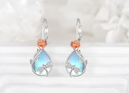 Vadmans Dragonfly Earrings Sterling Silver Rose Dragonfly Dangle Earrings Moonstone Drop Earrings Jewelry Gift for Women