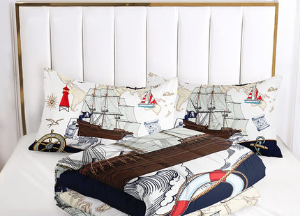 3D Nautical Ship Helm Coastal Sketch Twin Down Comforter Set 3PC All Ages