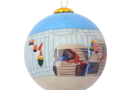 Hand Painted Maine Lobster Traps Ornament – Blown Glass Christmas Tree Decor with Buoys on Fence & Lobstering Artwork, Great for Gifting