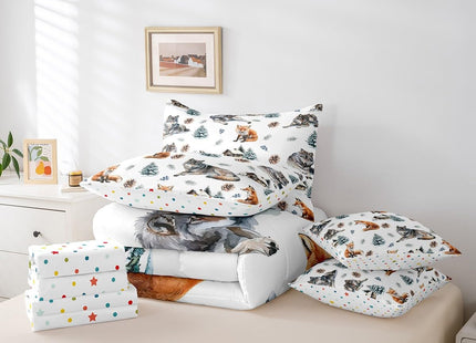 Erosebridal 7 Pcs Wolf Comforter Set Twin Size,Cute Fox Wildlife Bed in a Bag with Flat Sheet and Fitted Sheet for Kids Teens Adult,Rustic Cabin Lodge Bedding Set with Pillowcase and Sham Reversible