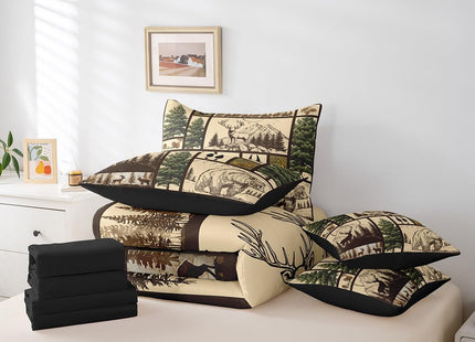 Feelyou Deer Bed in a Bag Twin Size Bear Comforter Set 7 Pieces Moose Wild Animal Rustic Cabin Country Tree Mountain Bedding Set Room Decor Brown Plaid Bed Set with Comforter, Sheet Set, Pillowcases
