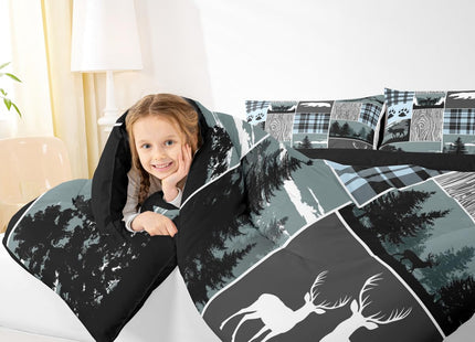 Plaid Bear Cabin Comforter Set, Rustic Farmhouse Camper Bedding Set Full, Gray Blue Hunting Christmas Deer Duvet Insert Woodland Lodge Wild Animal Quilt Sets For Kids Boys Teens Adult Bedroom