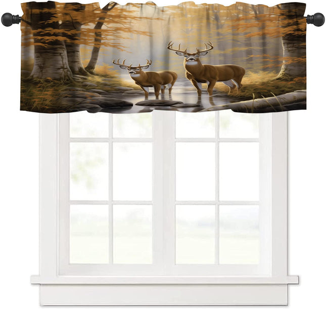 wlsgdsg Rustic Deer Valance Curtain Vintage Country Nature Maple Leaf Forest River Hunting Elk Nature Wildlife Window Treatment Valances Curtains for Living Room Bedroom，54x18Inch 1P