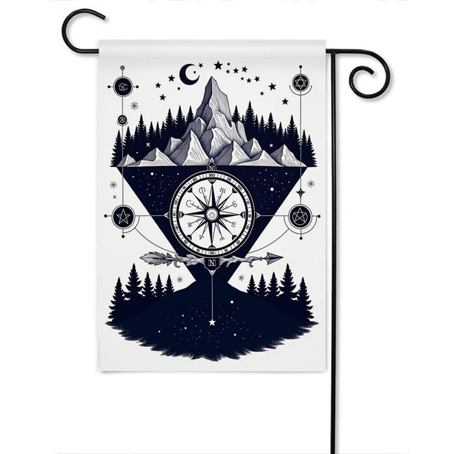 Moslion Compass Garden Flag Vertical Double Sided Nautical Compass with Mountain Night Tree Moon Stars House Flags Home Burlap Banners 12.5x18 Inch for Outdoor Decor Lawn