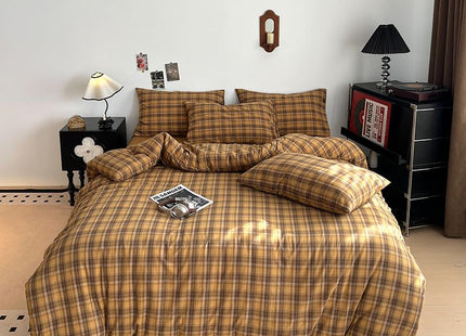 CCoutueChen Brown Gingham Comforter Set Full Size, Tan Plaid Checked Bedding Set, Cabin Lodge Ultra Soft Lightweight Comforter, 3 Pieces, 79 * 90