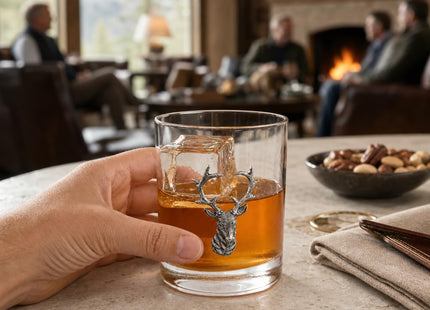 Vagabond House Elk Head Double Old Fashioned Glass - Premium Pewter Accents - 8 oz Whiskey Tumbler - Lodge Style Barware - 4.25 inch Tall