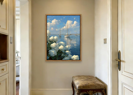Framed Coastal Hydrangea Sailboat Canvas Wall Art, Blue Seascape Painting Picture with White Hydrangeas, Coastal Wall Decor Artwork for Living Room Bedroom Beach House（12x16in）