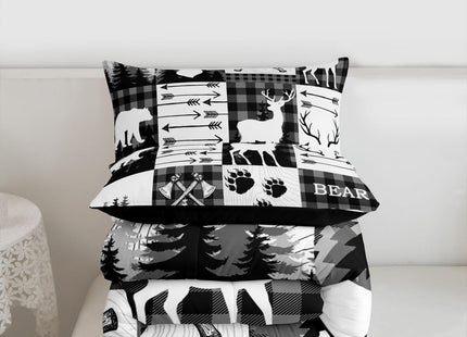 Erosebridal Rustic Patchwork King Comforter Set for Boys,Black White Grey Plaid Animal Kids Comforter Hunting Bear Deer Quilt Set for Teen Men,Country Farmhouse Lodge Wildlife Bed Set 2 Pillow Cases