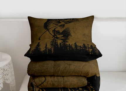 Erosebridal Ocean Animal Comforter Queen Bass Fish Silhouette Bedding Set, Fishing Duvet Insert Brown and Black Quilt Sets, Red Grid Lattice Bedding Comforters & Sets Wildlife Room Decorative 3 Pieces