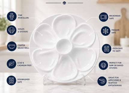 Maine Man Oyster Plate, Fine Porcelain, 6-Well Serving Dish For Preparing And Enjoying Oysters And Sauces