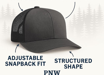 PNW Apparel Smokey the Bear Keep it Green Snapback Trucker Hat with Smokey the Bear Woven Patch (Grey/Black)