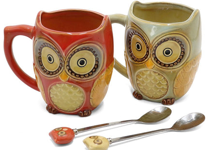 SQOWL Owl Coffee Mug Set of 2, Ceramic Coffee Mugs with spoons, 12 oz