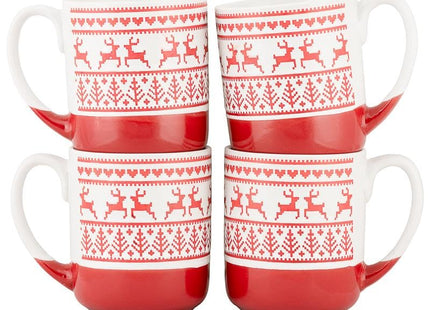 10 Strawberry Street Embossed Reindeer Ceramic Mug, Set of 4 (Red), S4MUG-XMAS
