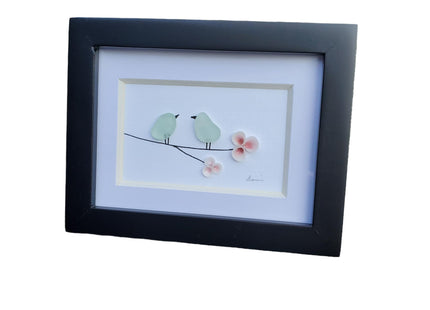 Mini Seaglass Birds on a branch with tiny pink shell flowers. Authentic Seaglass, Made in Maine, Small frame with glass. 3 1/2 by 4 inch framed art Sea Glass with pink shells