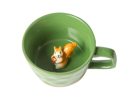 DIHOclub Farmhouse Ceramic Coffee Mug with Squirrel Figurine – Rustic Stoneware Cup, Matte Finish, Ideal for Breakfast & Home Decor (Green Squirrel)