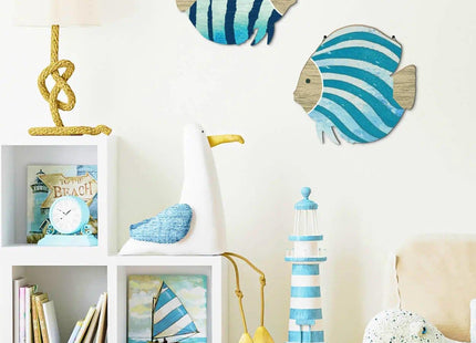 Putuo Decor 2PC Coastal Fish Wall Decor, MDF Nautical Hanging Decor with Metal Hook, Ocean Themed Wall Art Set for Bathroom, Lake House, Seaside Living Space(Blue Coastal Stripes)