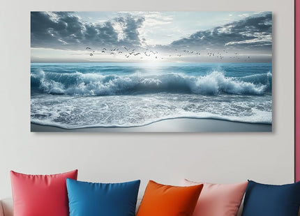 ZOMNAI Blue Ocean Beach Wall Art for Living Room Office Coastal Waves Canvas Painting Prints Art Deco Artwork Boys Bedroom Decor (20x40 Inches)