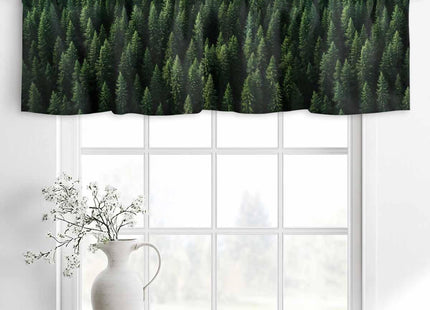 Rullikatlyi Green Forest Curtain Valances for Windows, Pine Trees Farmhouse Kitchen Valance Window Treatments Panel 2 Pack, Christmas Tree Rod Pocket Short Curtains for Bathroom Bedroom 42 x 12 Inch