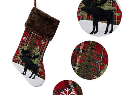GMOEGEFT Christmas Stocking, Farmhouse Red and Black Buffalo Plaid Black Moose Embroidered Xmas Stocking, Christmas Party Decorations Fireplace Hanging Ornaments