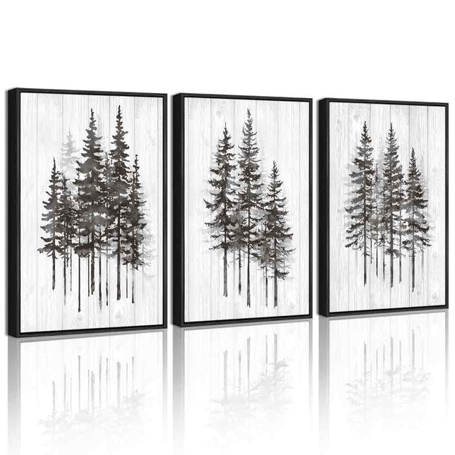 KUVIOKE Pine Tree Framed Wall Art Modern Nature Landscape Forest Wooden Wall Decor Rustic Farmhouse Minimalist Painting Home Decor 12x16in (Black Framed)