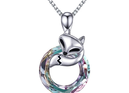JUSTKIDSTOY Sterling Silver Fox Pendant Necklace - Circle Crystal Pendant, Women's Fox Jewelry Gift