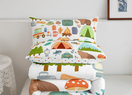 Cute Camper Car Comforter Set Full, Happy Camping Bedding Sets for Kids Girls Boys, Woodland Bear Hunting Theme Quilt Set, Camper Accessories Bedding, Travel Trailers Rv Decoration Down Comforter