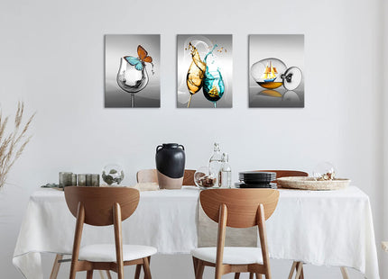 LyerArtork 3 Pieces Kitchen Canvas Wall Art Wine Glass with Butterfly Sailboat Picture Print on Gray Background Painting Modern Restaurant Dining Room Artwork Wall Decor Framed 12x16inchx3pcs