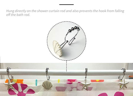 Starfish & Seashell Stainless Steel Rust Resistant Double Hooks Glide Shower Curtain Ring Hangs Holder for Bathroom Home Decor