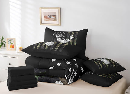 Erosebridal 7 Piece Deer Camo Queen Comforter Set with Sheets Hunting Camouflage American Flag Bed in A Bag | for Kids Boys Men Rustic Farmhouse Cabin Bedding Sets Army Green Black Western Bed Set