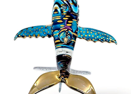 WitnyStore 5¼" Blue Gold Dotted Whale On Stand Artistic Blown Glass Figurine Premium Hand-Blown Statue Tabletop Decoration Unique Collectible for Adult Collectors Handcrafted Elegant Home Room Decor