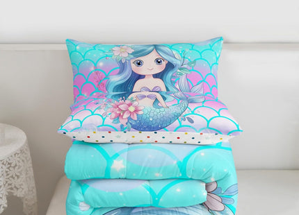 Erosebridal Kids Mermaid Full Size Comforter Sets for Girls Blue Pink Sparkle Mermaid Bedding Pastel Fish Scale Bedding Comforter Sets Coastal Beach Duvet Insert for Toddler Teen Cartoon Bed Set 3pcs