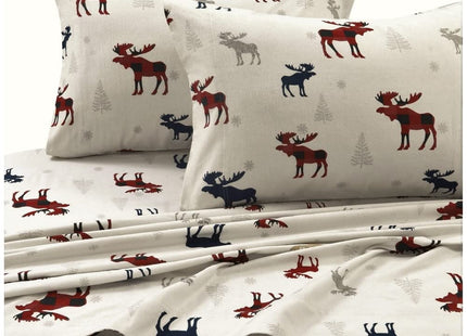 Tribeca Living Queen Deep Pocket Flannel Sheet Set, Plaid Moose