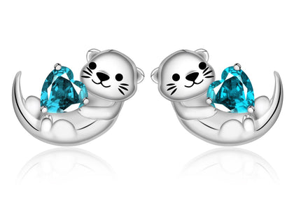 Birthstone Otter Earrings: 925 Sterling Silver Animal Stud (Mar.)