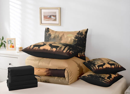 Erosebridal Wildlife Deer Queen Bedding Set 7 Piece Cabin Farmhouse Bed in A Bag with Sheets Rustic Country Comforter Set for Kids Adults,Sunset Pine Tree Bed Sets