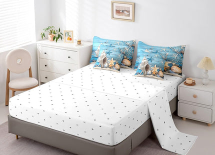 Erosebridal Summer Beach Theme Bed in a Bag 7 Pieces Starfish Conch Seashell Bedding Set, Ocean Animal Queen Size Comforter Set Fishing Theme Bedding Comforter Sets, Blue Old Barn Door Bed Set