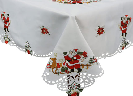 Creative Linens Holiday Christmas Tablecloth 70x90 with 8 Napkins, Embroidered Santa Reindeer Red Poinsettia, Winter Table Linen, Rectangular, White
