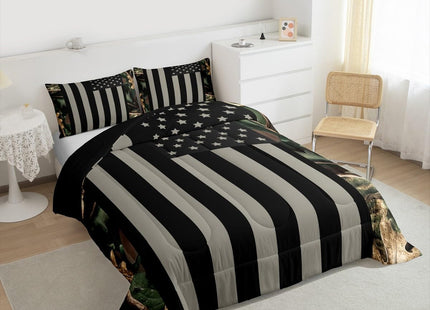 Camo American Flag Comforter Set Twin Woodland Military Hunting Bedding Set Army Green Tree Branch Camouflage Comforter for Boys Teens Adults Men,Grey Black USA Striped Flag Bedding Quilted 2 Pcs