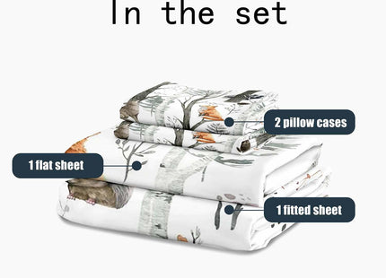 LUVIVIHOME 4PCS Woodland Animals Sheets Set, Queen Bed Sheets, White Sheets, Boys Girls Kids Bedding, Bear Deer Fox Forest Animal Lodge Cabin Bedding Set, 1 Fitted Sheet & 1 Flat Sheet & 2 Pillowcases
