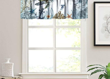 JanJCurt Sea Turtle Valance, Blue Teal Ocean Octopus Underwater Animal Seashell Jellyfish Coastal Fish Nautical Print Blackout Short Window Curtains for Kitchen Bedroom Living Room, 54x18in