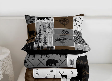 Erosebridal Rustic Patchwork Twin Comforter Set for Boys, Retro Country Farmhouse Quilt Cabin Room Decor, Western Deer Bear Bedding Woodland Wildlife Adventure Camping Duvet Insert, Gray Brown