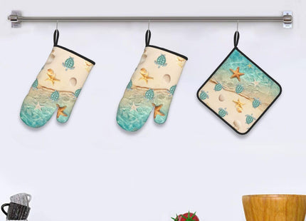 Sea Turtles Beach Oven Mitts and Pot Holders Sets of 3 Nautical Kitchen Decor Heat Resistant Hot Pads Teal Nautical Decorative Oven Gloves for Cooking Grilling Baking