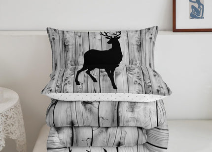 Castle Fairy Deer Bedding Set Twin Size,Rustic Farmhouse Wood Board Comforter Set 2Pcs,Wildlife Hunting Quilt Set for Kids Teens Adult Room Decor,Grey Black Bear Pine Print Duvet Insert,1 Pillowcase