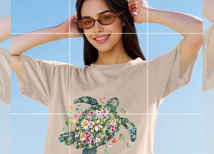 Turtle Tshirts Women Sea Turtle Floral Graphic Tee Short Sleeve,Khaki,XL