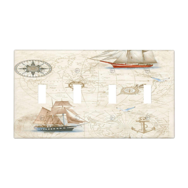 Nautical Map Sailing Sailboats Quad Toggle Light Switch Cover Decorative 4 Gang Wall Plate Electrical Faceplate For Kitchen Bathroom Bedroom Decor