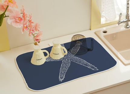 Coastal Beach Dish Drying Mat 18 x 24 inch, Summer Navy Blue Starfish Decorative Drying Mats Microfiber Absorbent Dish Washable Draining Mat for Kitchen Counter Decor