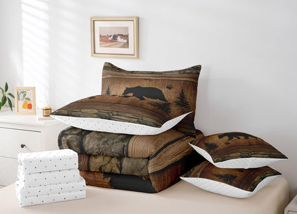 Manfei Rustic Bear Comforter Set 7 Pieces, Wild Animals Hunt Bed Set for Boys Adults, Brown Wooden Plank Bedding Twin with 1 Comforter,1 Fitted Sheet,1 Flat Sheet,2 Pillowcases,2 Throw Pillow Cover